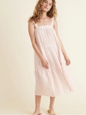 Marine layer Corinne Square Neck Midi Dress in Pink/Orange/White Size M